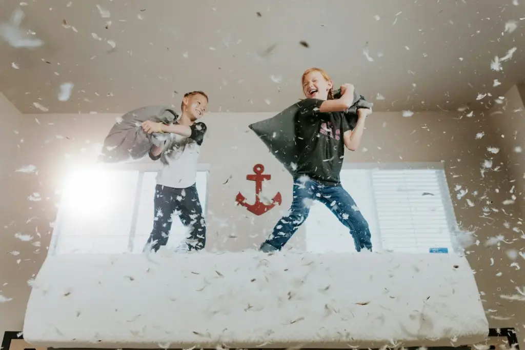 Two Kids Playing On A Feather Pillow, Feather Pillow vs. Down Pillow