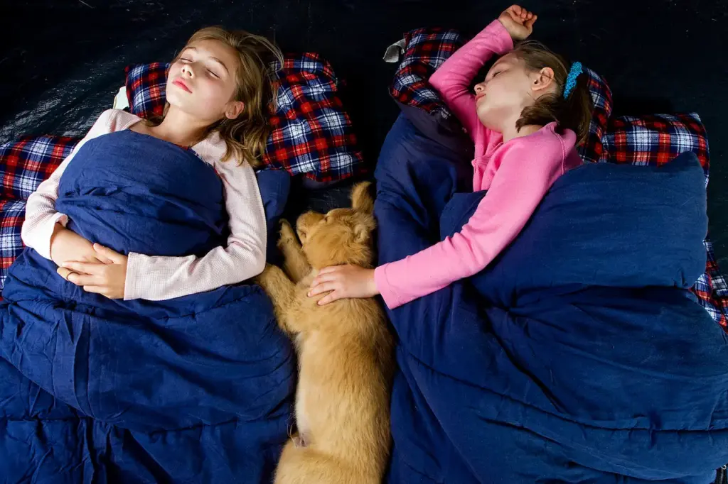 Two Girls And A Golden Retriever Sleeping Inside The Tent