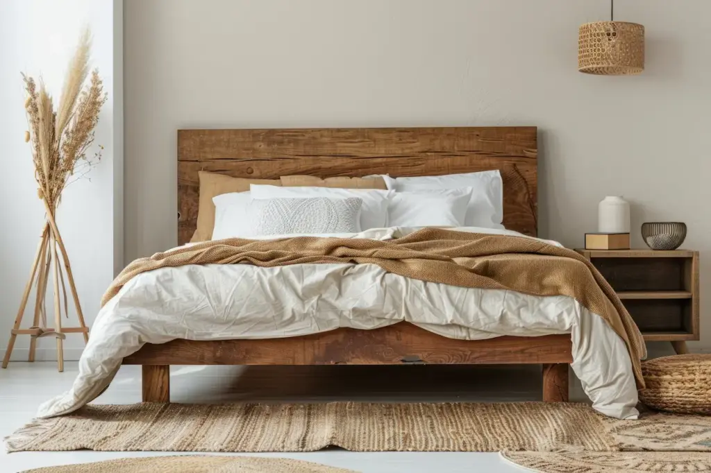 Wooden Bed with White Linen Sheet 