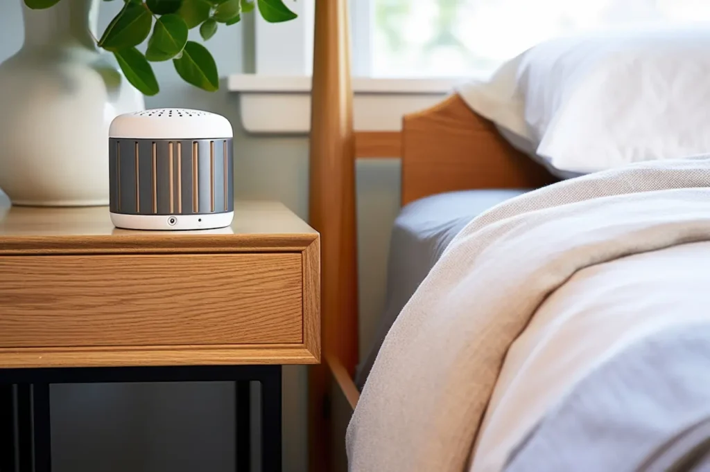 White Noise Machine on Wooden Nightstand