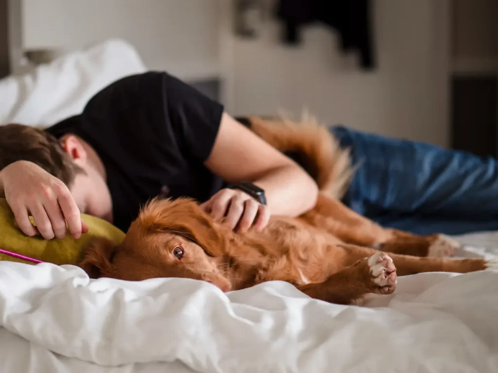 A Woman Sleeping in Bed with Her Dog 